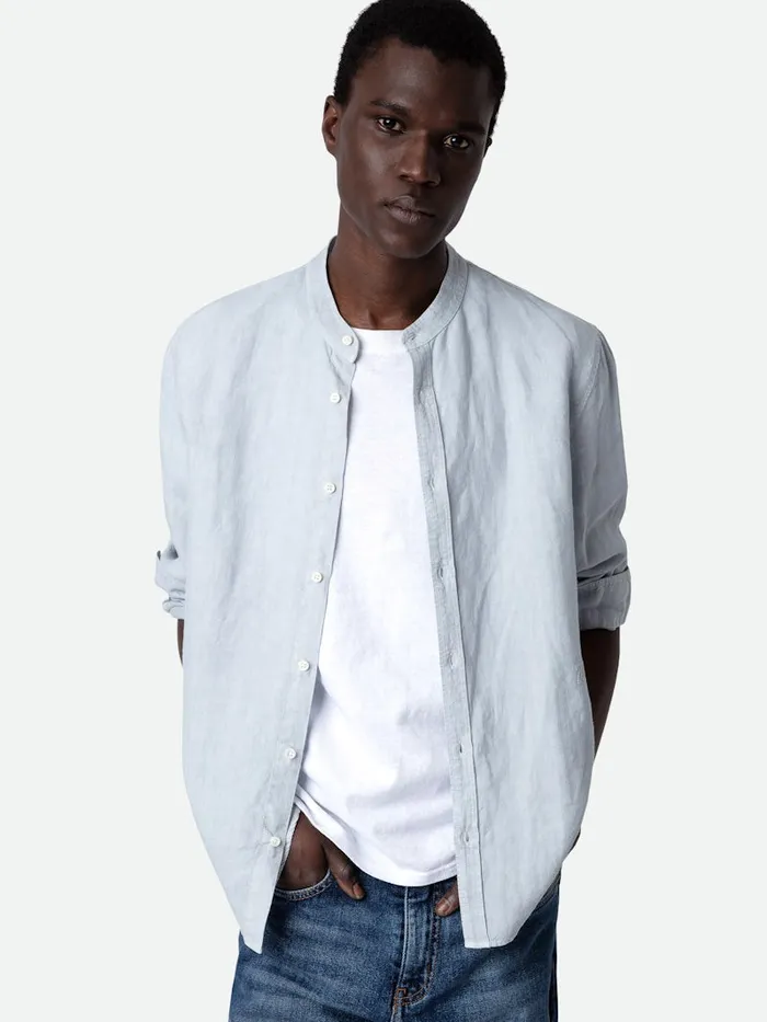 Men Zadig and Voltaire Shirts Stan Linen Band Collar Shirt Ciel