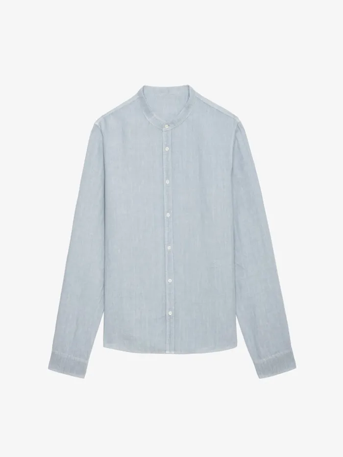 Men Zadig and Voltaire Shirts Stan Linen Band Collar Shirt Ciel