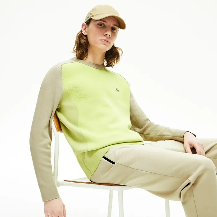 Motion Breathable ColorBlock Sweater BeigeFlashy Yellow Mens Lacoste Sweaters Gift Ideas