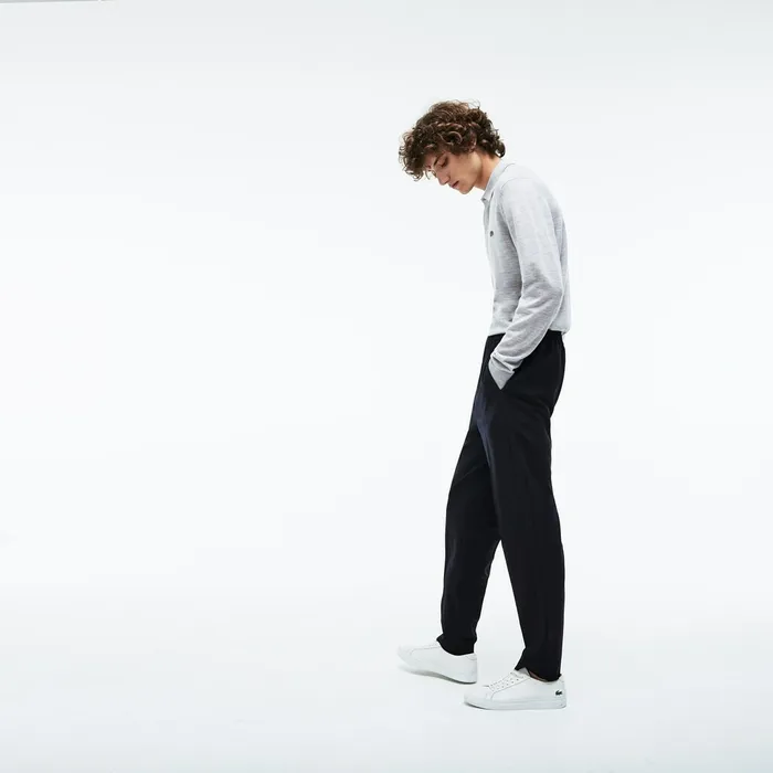 Motion Pleated Stretch Wool Twill Chino Pants Navy Blue Mens Lacoste Pants and Shorts Outlet