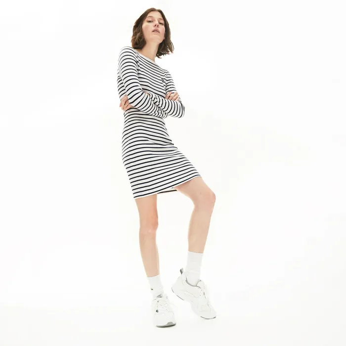 Nautical Ribbed Cotton Dress WhiteNavy Blue Womens Lacoste Dresses and Skirts Near Me