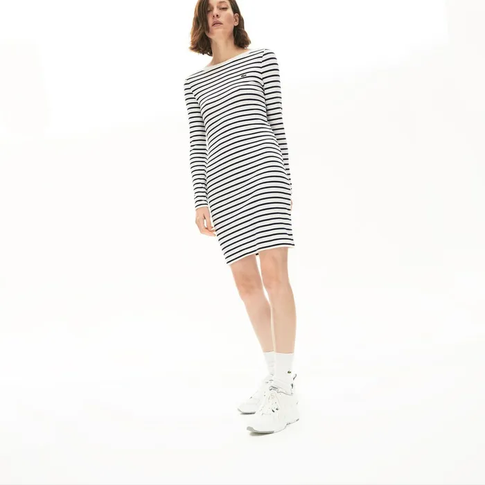 Nautical Ribbed Cotton Dress WhiteNavy Blue Womens Lacoste Dresses and Skirts Near Me