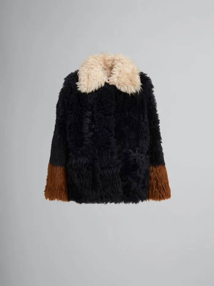 Navy Longhair Shearling Jacket With Contrast Trims Women Marni Coats and Jackets