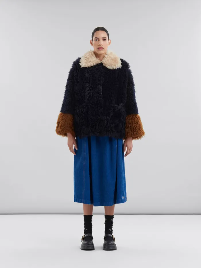 Navy Longhair Shearling Jacket With Contrast Trims Women Marni Coats and Jackets