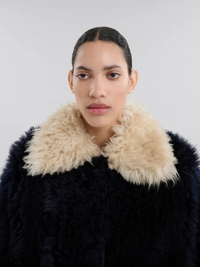 Navy Longhair Shearling Jacket With Contrast Trims Women Marni Coats and Jackets