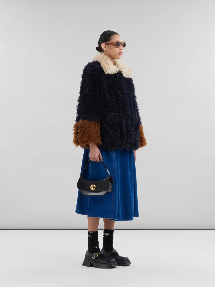 Navy Longhair Shearling Jacket With Contrast Trims Women Marni Coats and Jackets