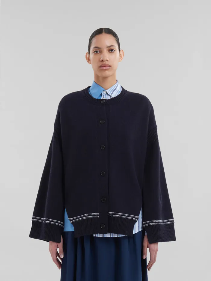 Navy Wool Cardigan With Maxi Logo Women Marni Knitwear
