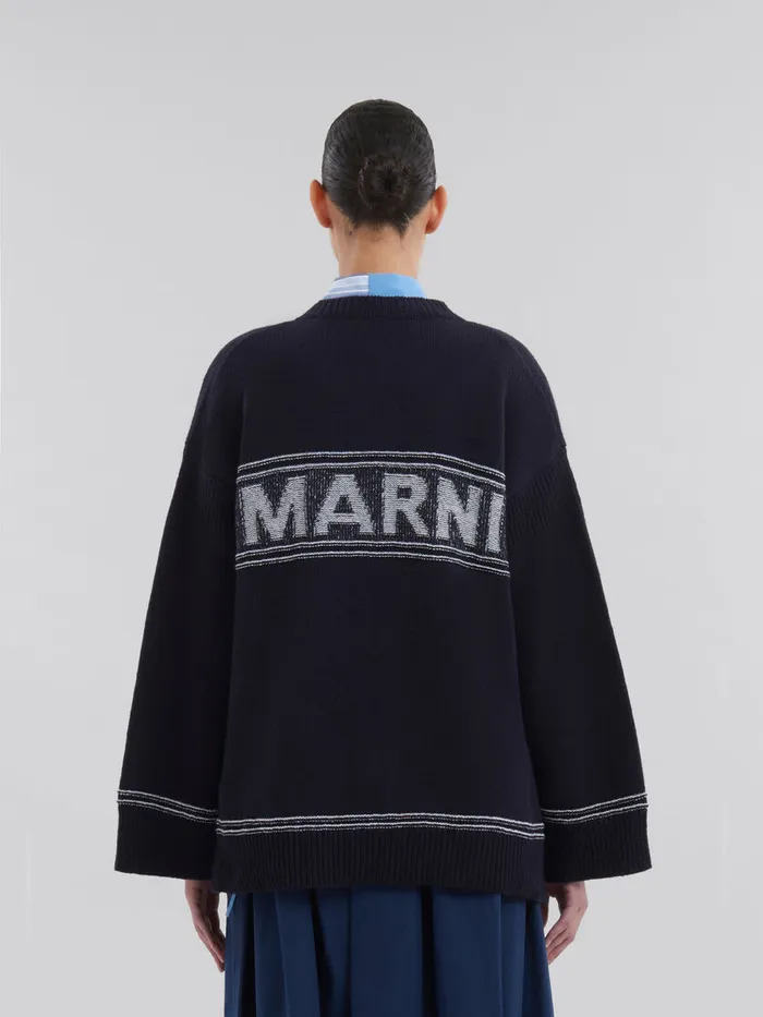 Navy Wool Cardigan With Maxi Logo Women Marni Knitwear