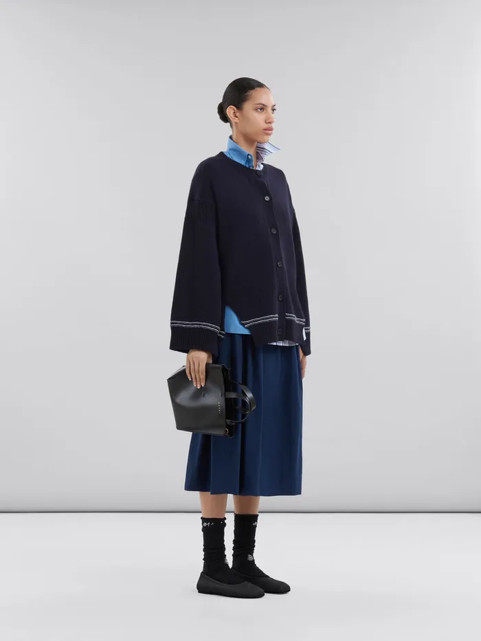 Navy Wool Cardigan With Maxi Logo Women Marni Knitwear