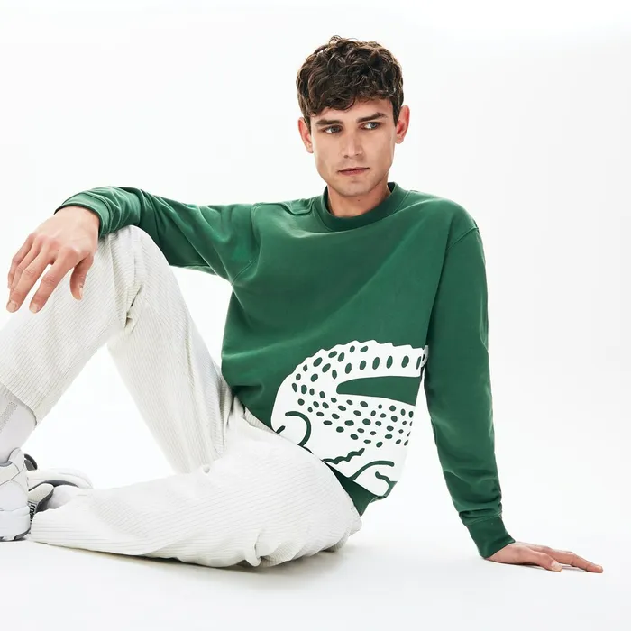 Oversize Croc Crew Neck Cotton Sweatshirt Green Mens Lacoste Sweatshirts USA