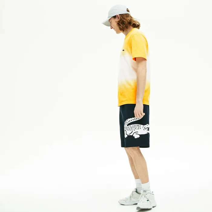 Oversized Crocodile Print Cotton Fleece Bermudas Navy Blue Mens Lacoste Pants and Shorts Casaul
