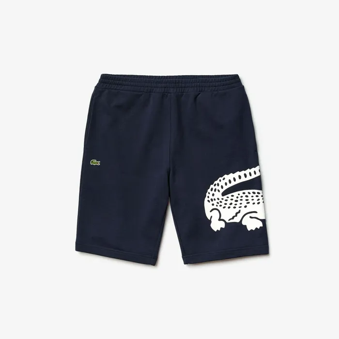 Oversized Crocodile Print Cotton Fleece Bermudas Navy Blue Mens Lacoste Pants and Shorts Casaul