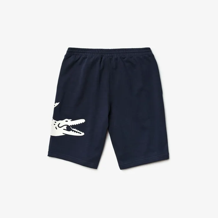 Oversized Crocodile Print Cotton Fleece Bermudas Navy Blue Mens Lacoste Pants and Shorts Casaul