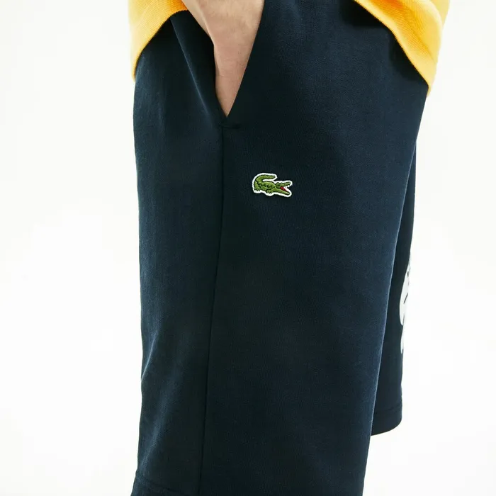 Oversized Crocodile Print Cotton Fleece Bermudas Navy Blue Mens Lacoste Pants and Shorts Casaul