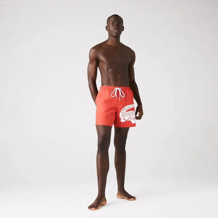 Oversized Crocodile Print Light QuickDry Swim Shorts Red Mens Lacoste Swimwear Outlet Oversized Crocodile Print Light QuickDry Swim Shorts Red Mens Lacoste Swimwear Outlet