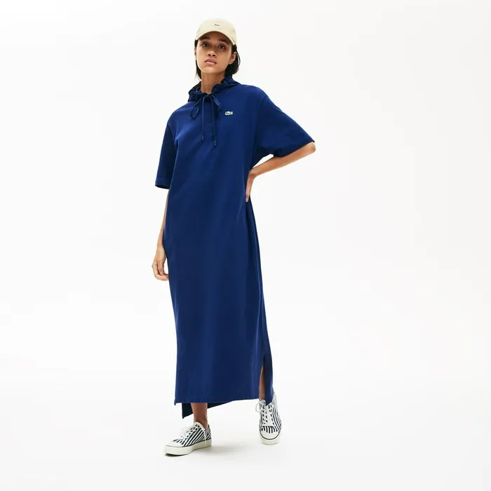 Oversized Hooded Organic Cotton Piqu Polo Dress Navy Blue Womens Lacoste Dresses and Skirts Shop Online