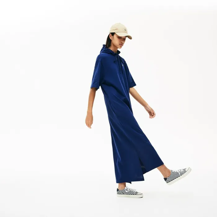 Oversized Hooded Organic Cotton Piqu Polo Dress Navy Blue Womens Lacoste Dresses and Skirts Shop Online