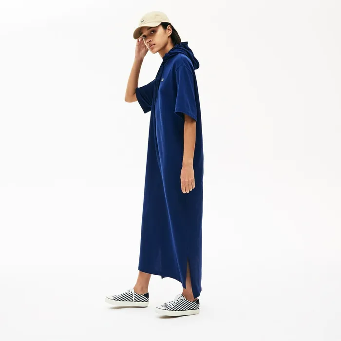 Oversized Hooded Organic Cotton Piqu Polo Dress Navy Blue Womens Lacoste Dresses and Skirts Shop Online
