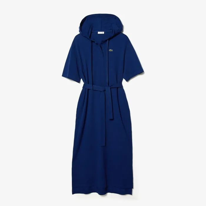 Oversized Hooded Organic Cotton Piqu Polo Dress Navy Blue Womens Lacoste Dresses and Skirts Shop Online