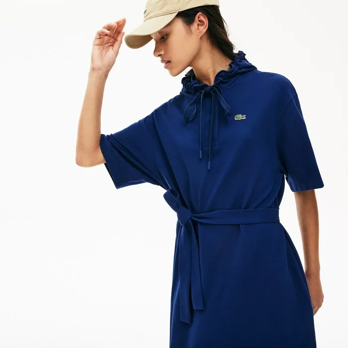 Oversized Hooded Organic Cotton Piqu Polo Dress Navy Blue Womens Lacoste Dresses and Skirts Shop Online