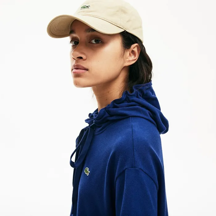 Oversized Hooded Organic Cotton Piqu Polo Dress Navy Blue Womens Lacoste Dresses and Skirts Shop Online