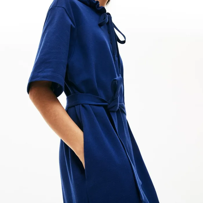 Oversized Hooded Organic Cotton Piqu Polo Dress Navy Blue Womens Lacoste Dresses and Skirts Shop Online