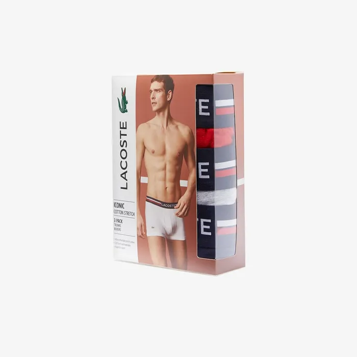 Pack Of 3 Iconic Boxer Briefs With ThreeTone Waistband Navy BlueGrey ChineRed Mens Lacoste Underwear On Sale