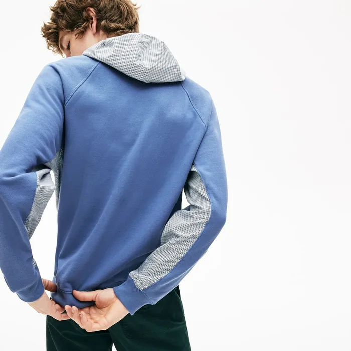 Paneled PrintBlocked Hooded Sweatshirt BlueWhite Mens Lacoste Sweatshirts Store