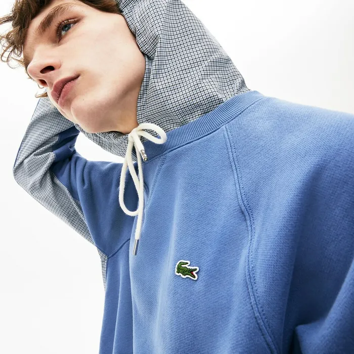 Paneled PrintBlocked Hooded Sweatshirt BlueWhite Mens Lacoste Sweatshirts Store