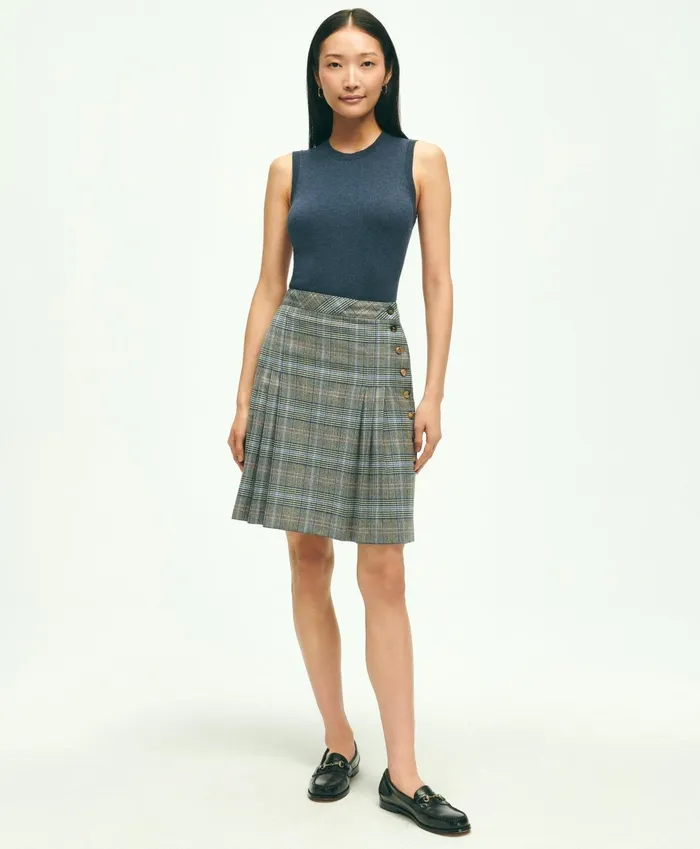 Pants andamp Skirts Women Brooks Brothers Stretch Wool Prince Of Wales ALine Pleated Skirt Grey Multi