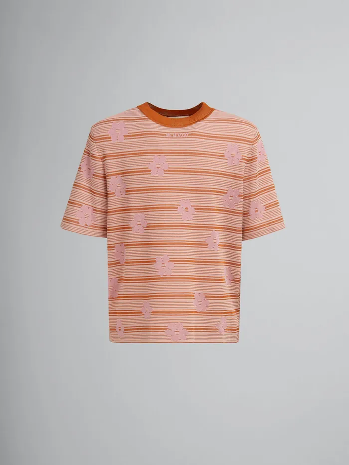Pink Cottonviscose Striped Knit Tshirt With Floral Motif Men Marni Knitwear
