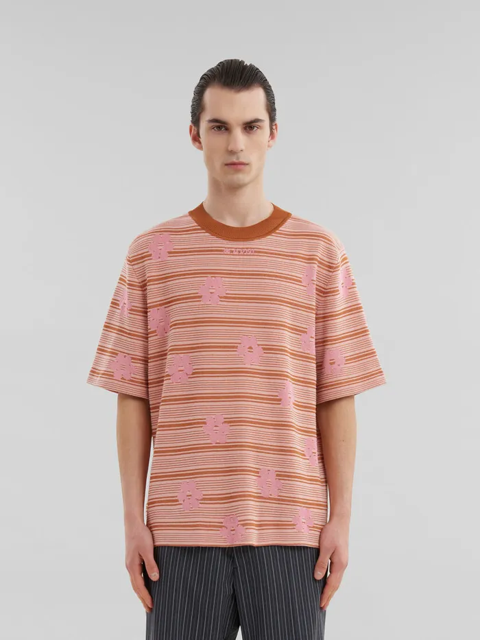 Pink Cottonviscose Striped Knit Tshirt With Floral Motif Men Marni Knitwear