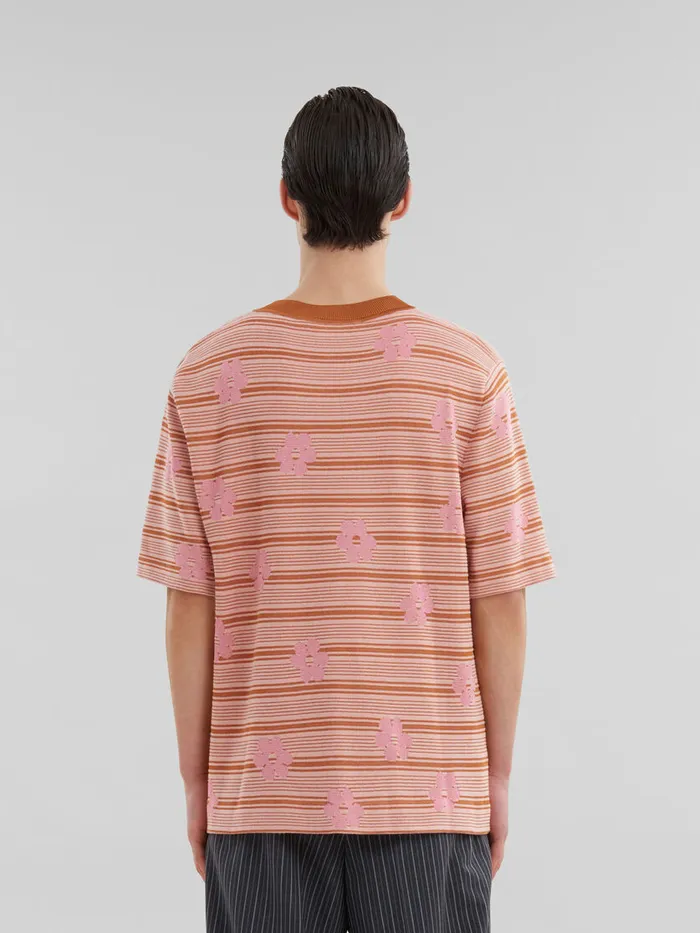 Pink Cottonviscose Striped Knit Tshirt With Floral Motif Men Marni Knitwear