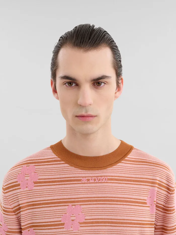 Pink Cottonviscose Striped Knit Tshirt With Floral Motif Men Marni Knitwear