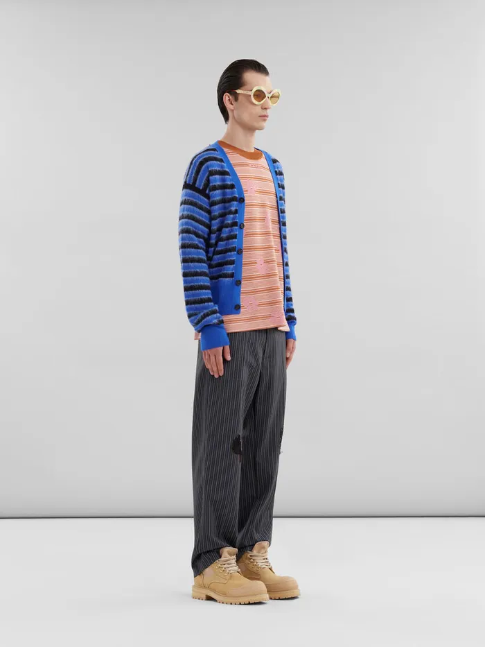 Pink Cottonviscose Striped Knit Tshirt With Floral Motif Men Marni Knitwear