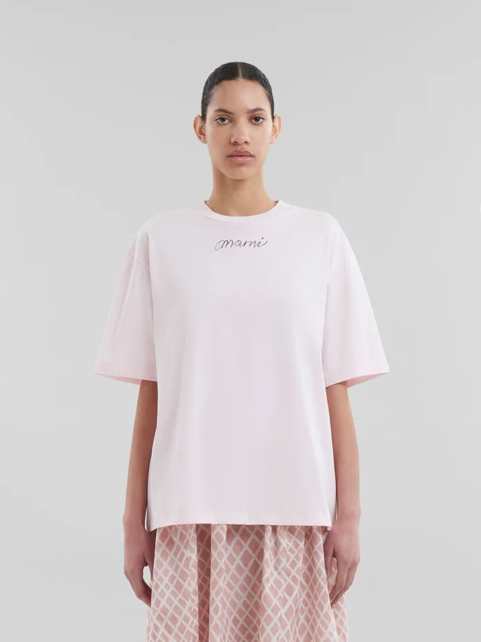 Pink Organic Cotton Boxy Tshirt With Repeated Logo Women Marni Tops and TShirts