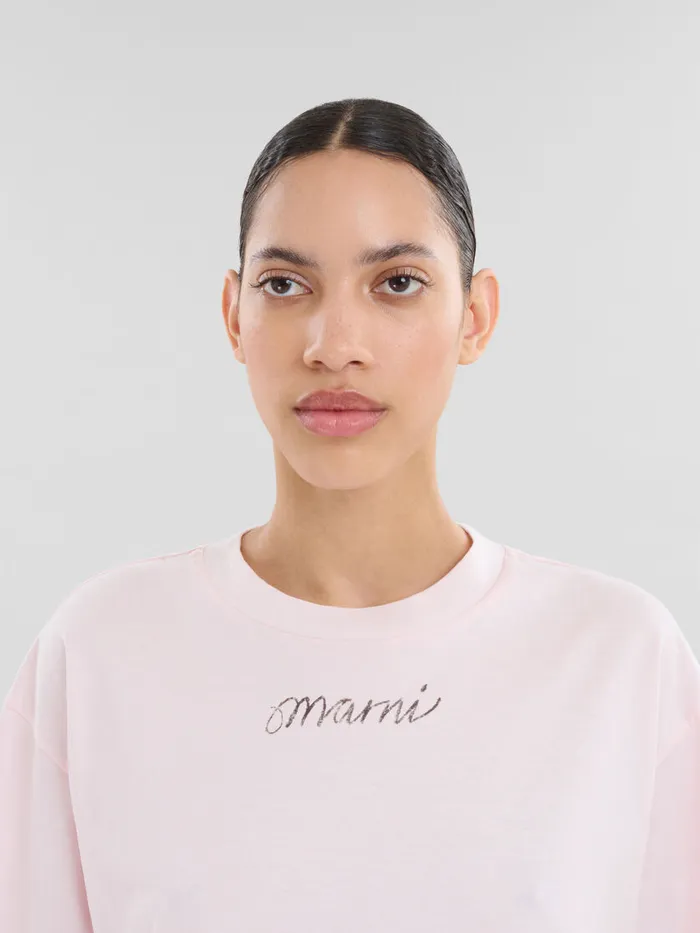 Pink Organic Cotton Boxy Tshirt With Repeated Logo Women Marni Tops and TShirts