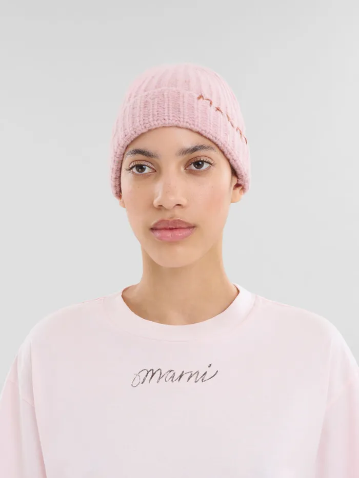 Pink Shetland Wool Beanie With Marni Mending Women Marni Hats