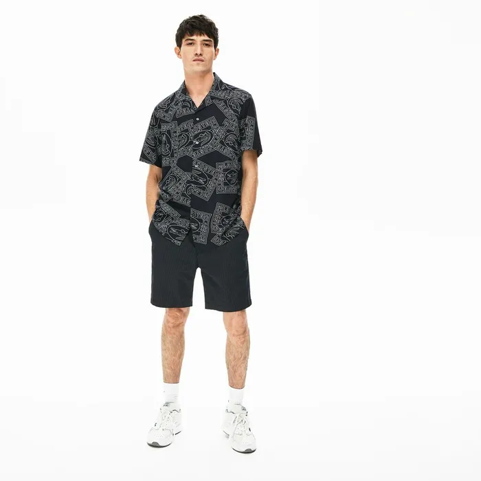 Pinstriped Linen Blend Bermuda Shorts Navy BlueWhite Mens Lacoste Pants and Shorts Online Outlet Store