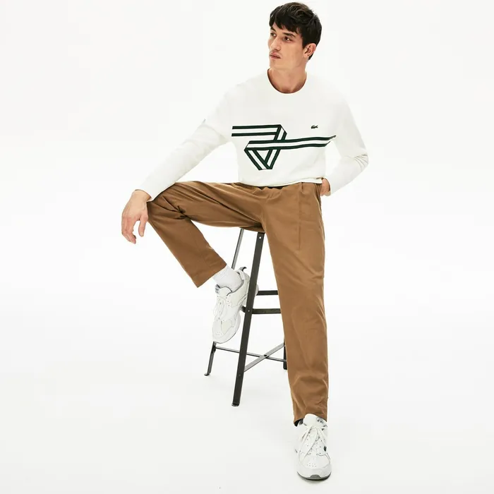 Pleated CottonLinen Chinos Brown Mens Lacoste Pants and Shorts Online Outlet Store
