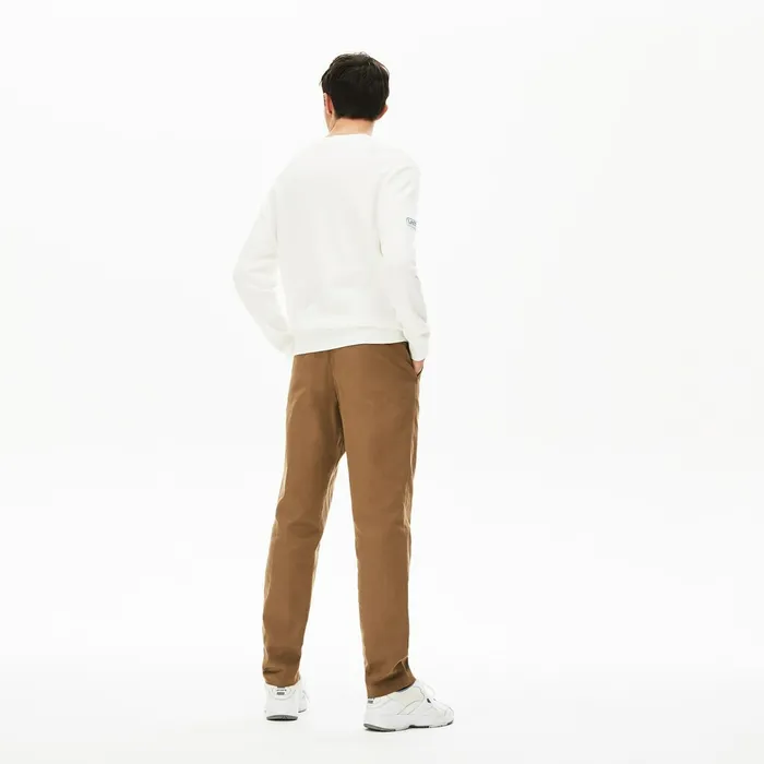 Pleated CottonLinen Chinos Brown Mens Lacoste Pants and Shorts Online Outlet Store