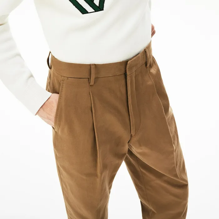 Pleated CottonLinen Chinos Brown Mens Lacoste Pants and Shorts Online Outlet Store