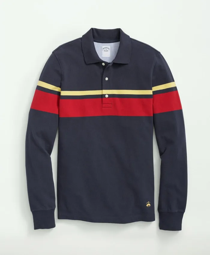 Polo andamp Rugby Shirts Men Brooks Brothers Golden Fleece Stretch Supima Cotton Pique LongSleeve Chest Striped Polo Shirt Navy Multi