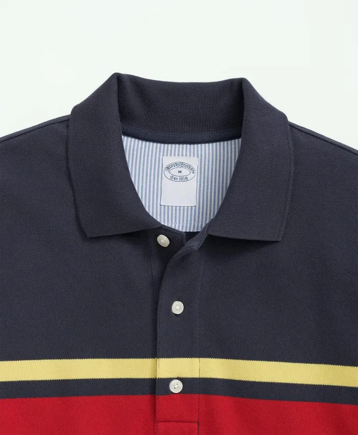 Polo andamp Rugby Shirts Men Brooks Brothers Golden Fleece Stretch Supima Cotton Pique LongSleeve Chest Striped Polo Shirt Navy Multi