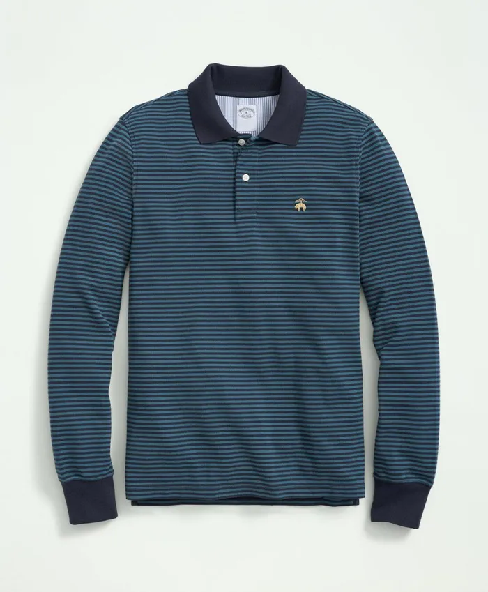 Polo andamp Rugby Shirts Men Brooks Brothers Golden Fleece Stretch Supima Cotton Pique LongSleeve Feeder Striped Polo Shirt Greennavy