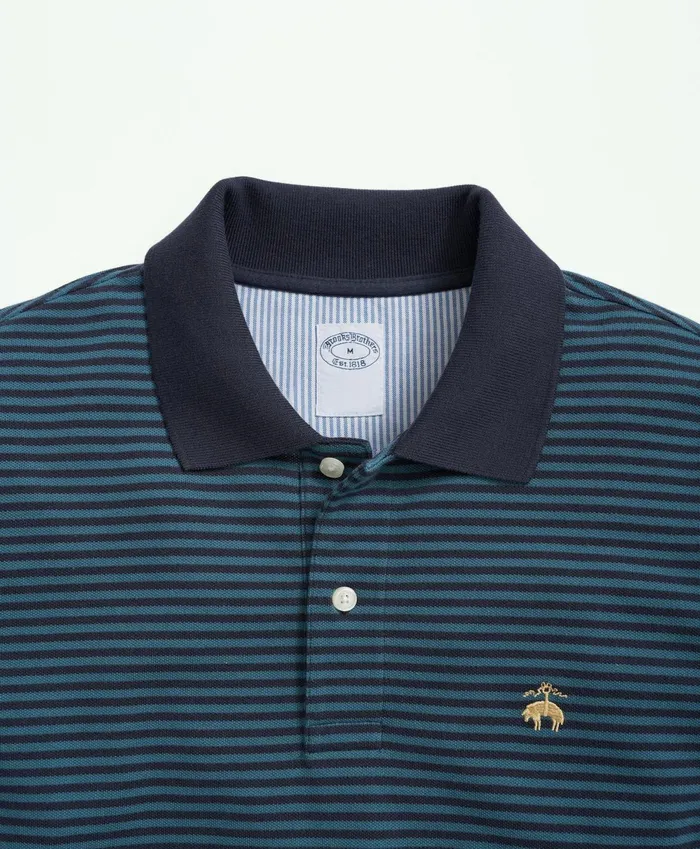 Polo andamp Rugby Shirts Men Brooks Brothers Golden Fleece Stretch Supima Cotton Pique LongSleeve Feeder Striped Polo Shirt Greennavy