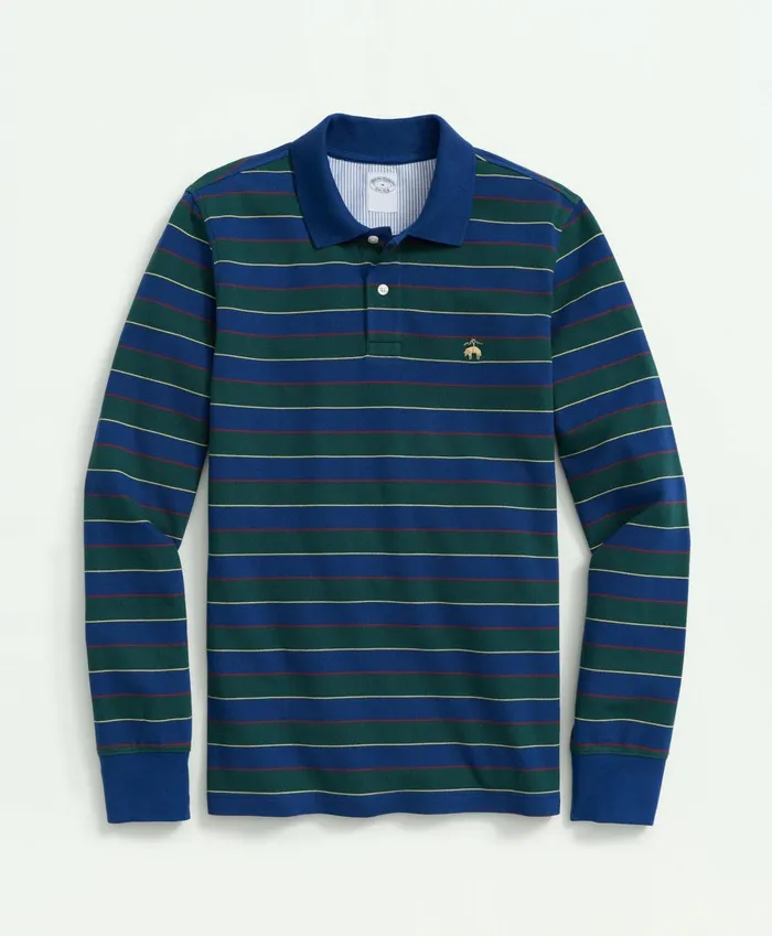 Polo andamp Rugby Shirts Men Brooks Brothers Golden Fleece Stretch Supima Cotton Pique LongSleeve Striped Polo Shirt Green Multi