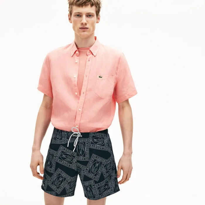 Postcard Print QuickDry Swim Trunks Navy BlueWhite Mens Lacoste Swimwear Near Me