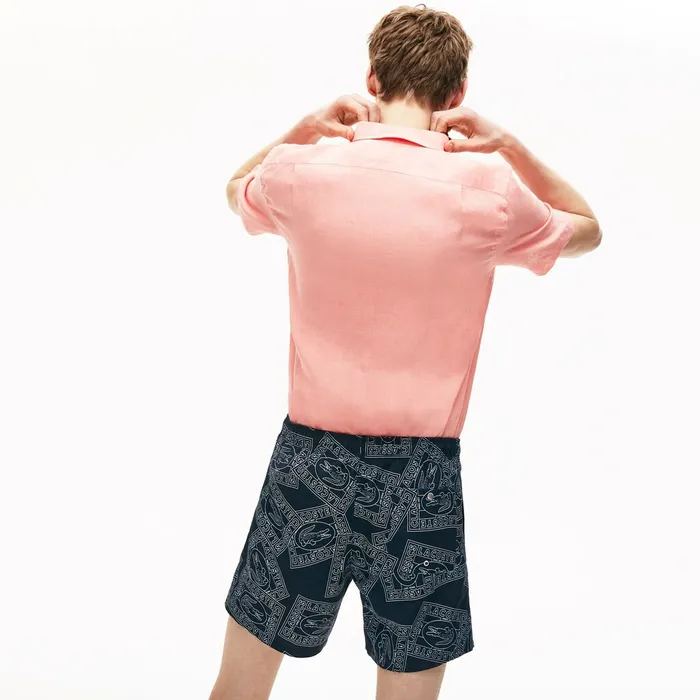 Postcard Print QuickDry Swim Trunks Navy BlueWhite Mens Lacoste Swimwear Near Me