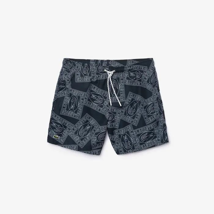 Postcard Print QuickDry Swim Trunks Navy BlueWhite Mens Lacoste Swimwear Near Me